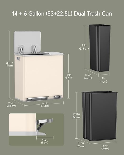 Lovewind Dual Trash and Recycling Bins for Kitchen, 13+6 Gallon Stainless Steel Garbage and Recycle Bin Combo for Large Families, Dual Trash Can with Soft Close Lid & Magnetic Stickers, Apricot - Image 2