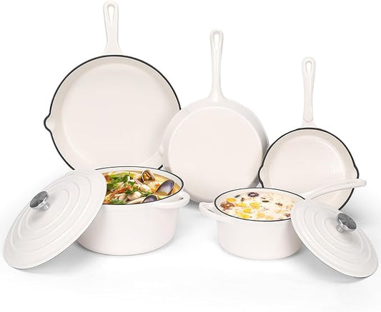 QuliMetal Enameled Cast Iron Cookware Set, 5-Piece Pots and Pans Set with Lids, Skillet, Frying Pan, Saucepan & Dutch Oven for All Stovetops, PFOA Free, Ideal for Sourdough Bread Baking