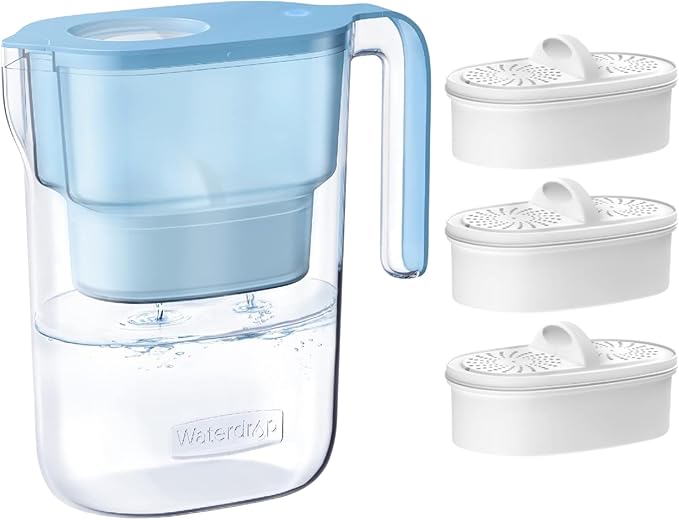 Waterdrop PT-05B Water Filter Pitcher with 3 Filters, 7-Cup Capacity, NSF Certified, 5X Longer Filter Life, Up to 600 Gallons, Fridge-Friendly Design, Reduces PFOA/PFOS and Chlorine, Blue by Waterdrop