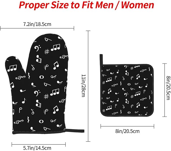 Music Notes Oven Mitts and Pot Holders Sets of 3 Black Hot Pads Musicial Oven Gloves Heat Resistant Non Slip Washable for Kitchen Cooking Grilling Baking - Image 4