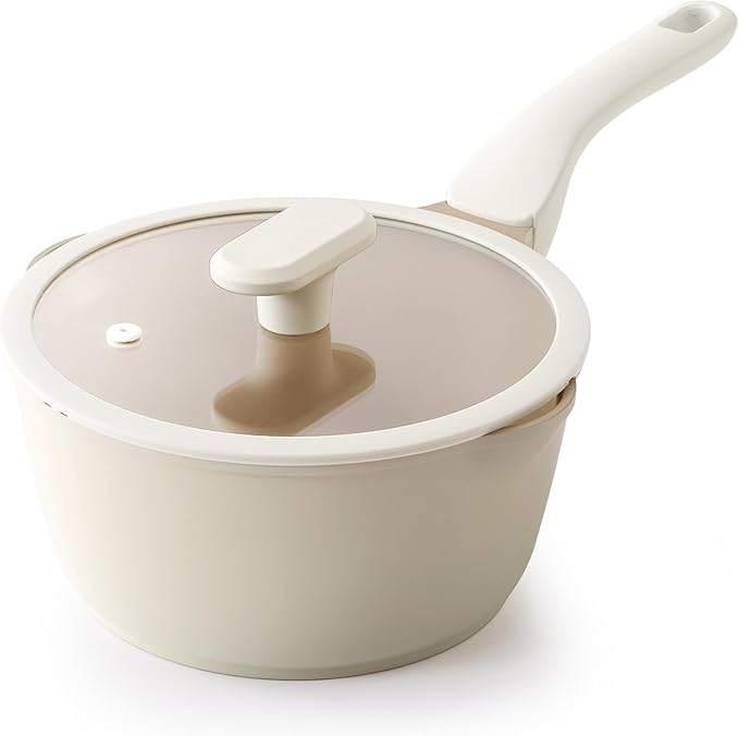 PRICUSIS Ceramic Nonstick Saucepan with Lid, 2.7 Quart Non Toxic Pot with Pour Spouts, Full Coated, 100% Dishwasher Safe, Induction Compatible & Oven Safe, PTFE PFAS & PFOA Free, Coconut White by PRICUSIS