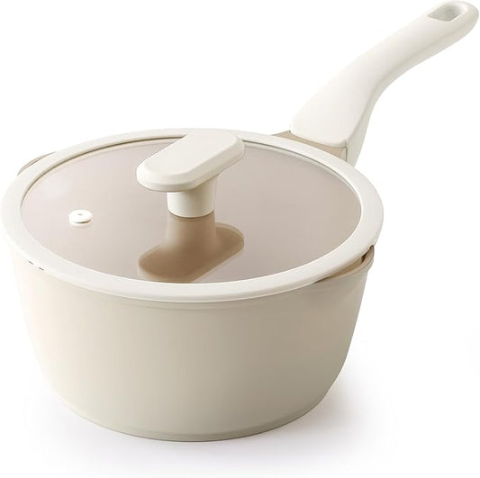 PRICUSIS Ceramic Nonstick Saucepan with Lid, 2.7 Quart Non Toxic Pot with Pour Spouts, Full Coated, 100% Dishwasher Safe, Induction Compatible & Oven Safe, PTFE PFAS & PFOA Free, Coconut White by PRICUSIS