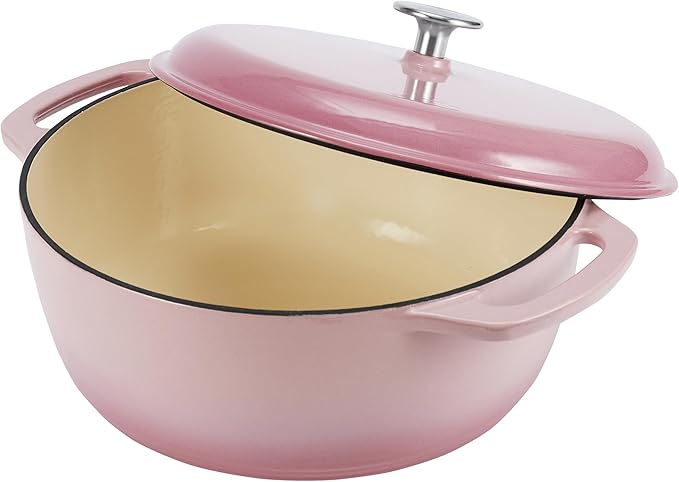 Amazon Basics Enameled Cast Iron Dutch Oven Pot with Lid, Round, Dual Handles, Heavy-Duty, Oven Safe for Stews, Roasting, Baking, 6-Quart, Light Pink - Image 3