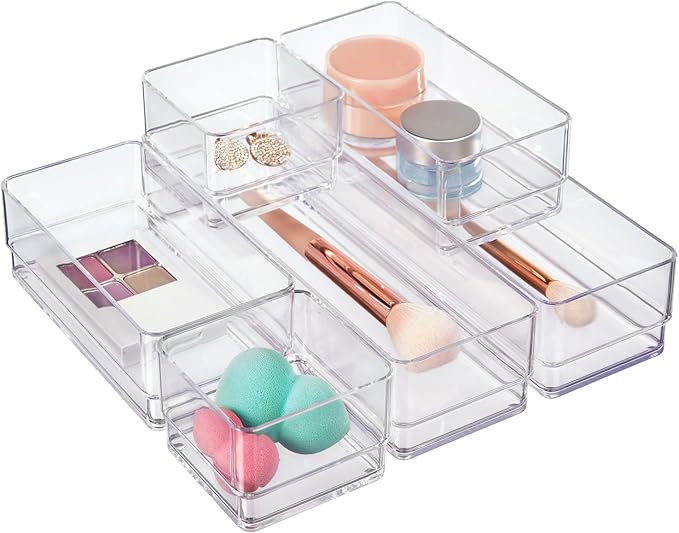 STORi SimpleSort Drawer Organizer Bins 6 pc Set, Multi-size, Bathroom Organizers and Storage, Makeup Organizer, Desk Organizer, Vanity Organizer, Clear Organizing Containers, Made in USA by STORi