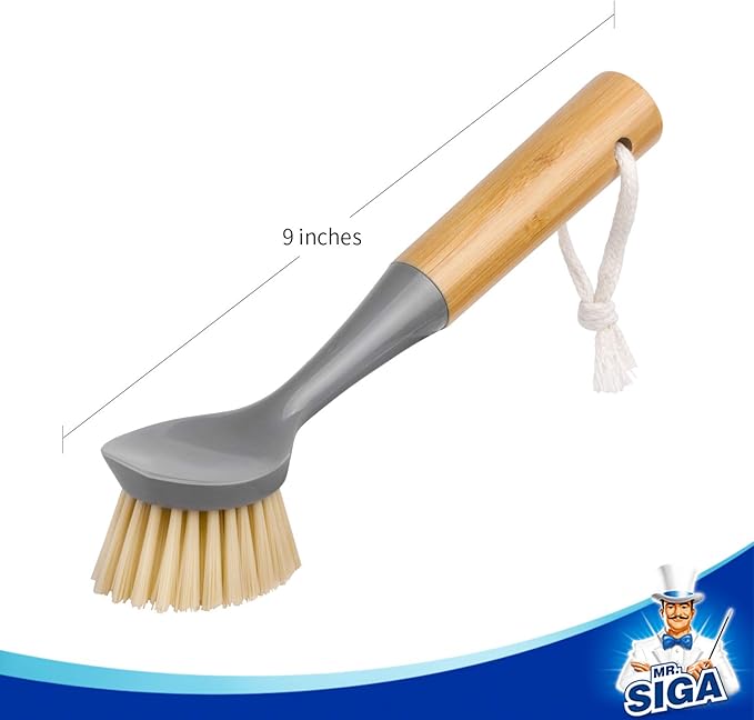 MR.SIGA Dish Brush with Bamboo Handle Built-in Scraper, Scrub Brush for Pans, Pots, Kitchen Sink Cleaning, Pack of 2 - Image 7
