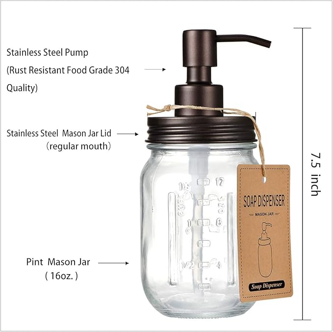 Amolliar Mason Jar Liquid Soap Dispensers, Rustproof Stainless Steel Mason Jar Lid Pump, Refill Hand Soap, Lotions, Dish Soap, Liquid Soap, Bath Soap, Farmhouse Decor for Bathroom, Kitchen 2PC(Bronze) - Image 5