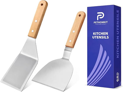 Metal Spatula Set,Fish Griddle Spatulas,Stainless Steel Spatula Turner with Wooden Handle,Small Wide Beveled Edges Spatulas Flippers for Cast Iron Skillet, Pancake, Egg, Burger, Omelet, 2 Pack