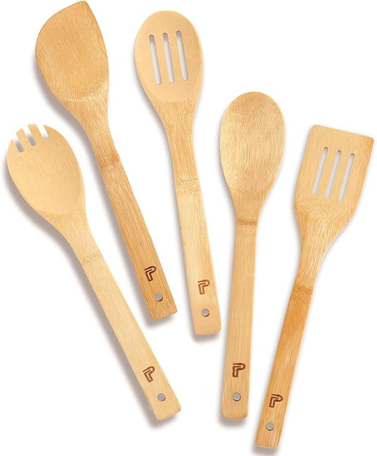 5 Piece Wooden Spoons - Natural Bamboo Wood Cooking Utensils Set,Nonstick Wooden Spatula & Spoons for Cooking,Premium Wood Kitchen Utensil Set,Housewarming Gifts New Home