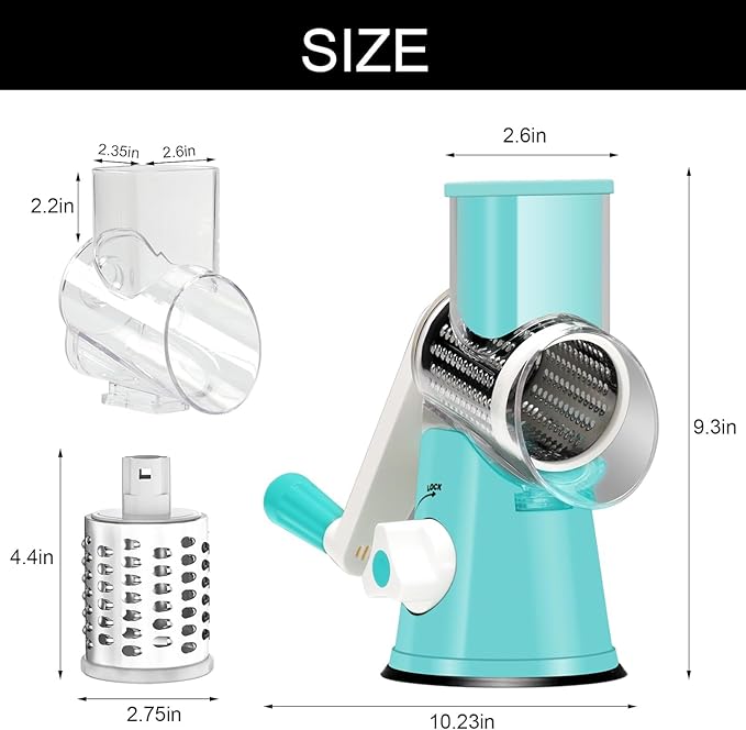 Cambom Rotary Cheese Grater Hand Crank Cheese Shredder for Fresh Cheese, Vegetable, Nuts,Non-slip Suction Base, Free Cleaning Brush Three Blades, Blue - Image 5