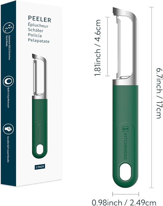 KITCHENDAO Swivel Vegetable Potato Peeler for Kitchen, Japanese Stainless Steel Sharp Blade, Heavy Duty Die-cast Construction, Built-in Eye Remover, Soft-touch Handle, Dishwasher Safe, Green - Image 7