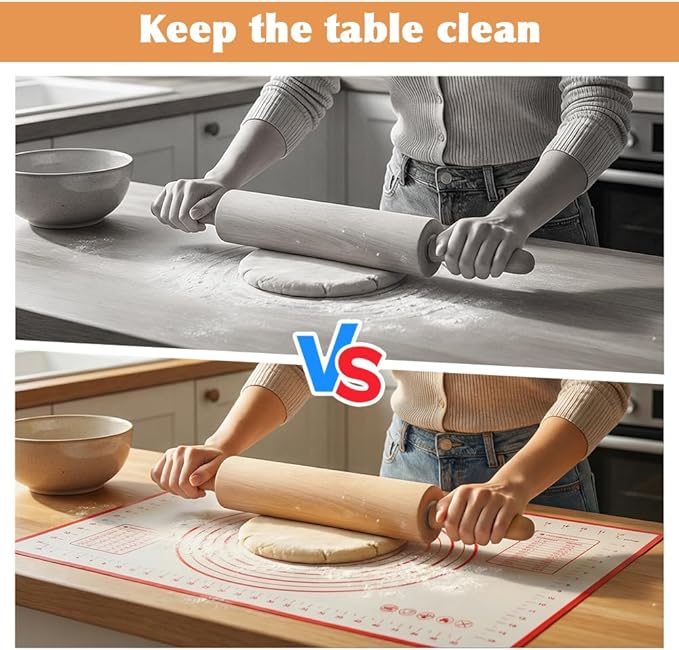 Rolling Pin Set for Baking, 3-Piece Wooden Dough Roller with Silicone Mat and Stand, Kitchen Pastry Baking Accessories for Pie Crust, Cookies, Pizza Dough and Bread