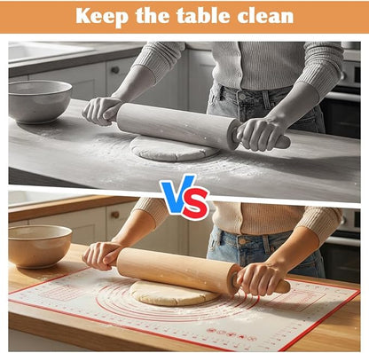 Rolling Pin Set for Baking, 3-Piece Wooden Dough Roller with Silicone Mat and Stand, Kitchen Pastry Baking Accessories for Pie Crust, Cookies, Pizza Dough and Bread