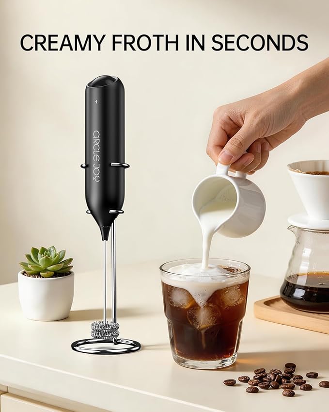 CIRCLE JOY Electric Rechargeable Milk Frother Handheld with Stand, Electric Whisk Milk Frother Wand with Dual Spring Whisk, Portable Drink Mixer for Coffee Cappuccino Latte Matcha, Black