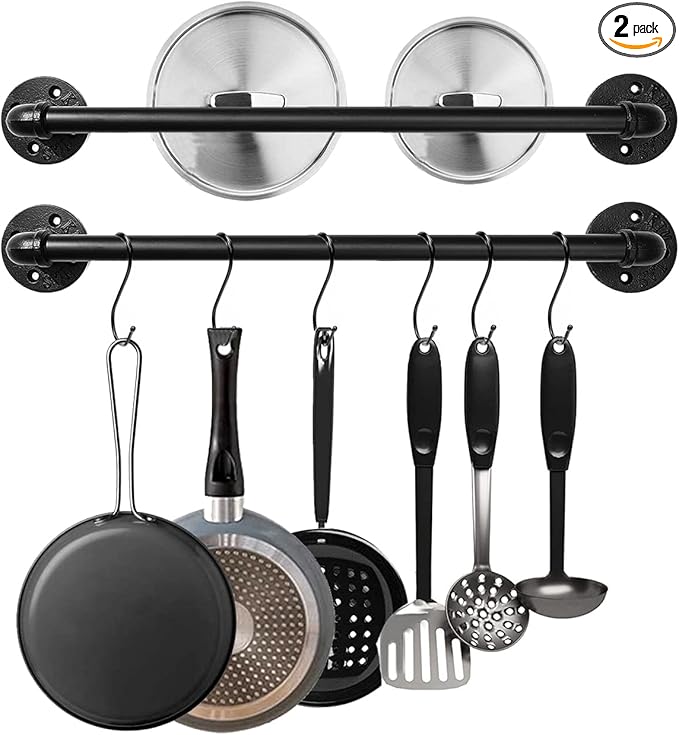 Industrial Pipe Pot Pan Rack 21" (2 Pack), Wall mount Pot hangers Pan Hanging Rail Lid Hanger for kitchen with 10 S Hooks by Bailoo