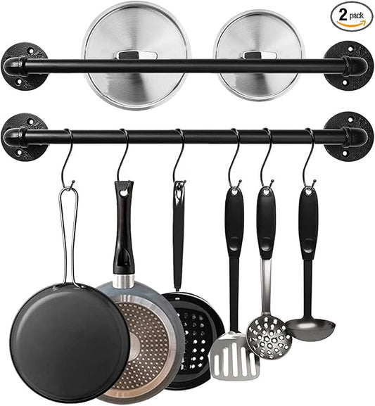 Industrial Pipe Pot Pan Rack 21" (2 Pack), Wall mount Pot hangers Pan Hanging Rail Lid Hanger for kitchen with 10 S Hooks by Bailoo