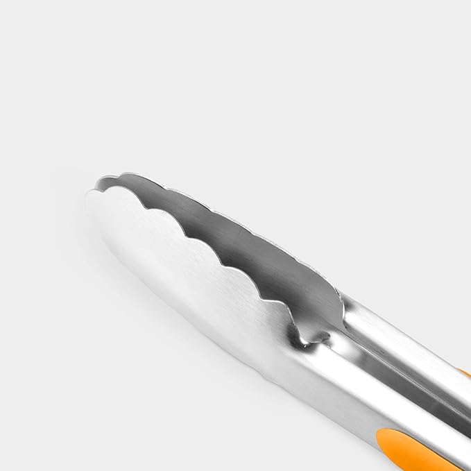 Premium 304 Stainless Steel Tongs Set – 12" Grill Tongs & 9" Cooking Tongs, Heat Resistant up to 600°F, Wavy Grip Head, Non‑Slip Handle with Locking Clip & Hanging Loop, Dishwasher Safe, Orange - Image 2