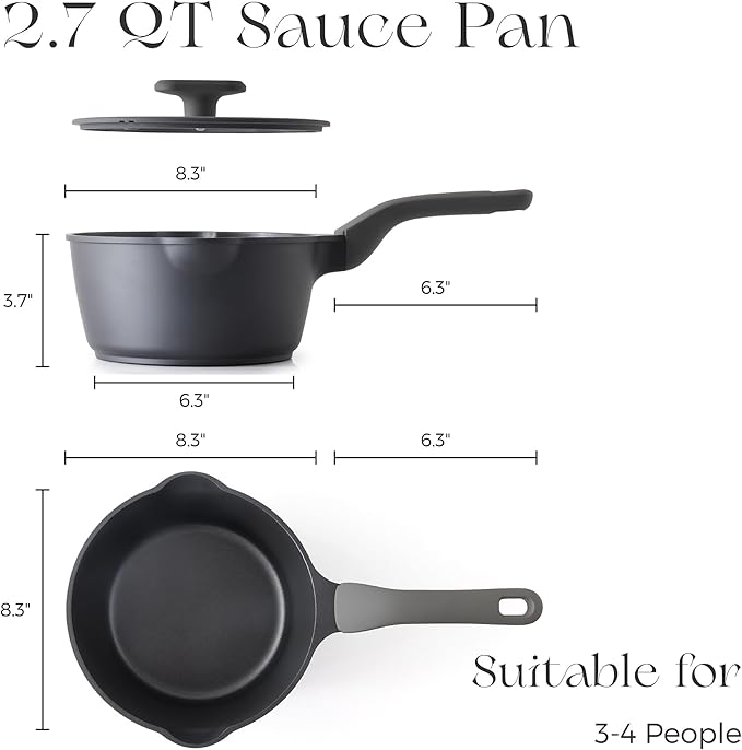 PRICUSIS Nonstick Saucepan with Lid, 2.7 Quart Non Toxic Pot with Pour Spouts, Full Coated, 100% Dishwasher Safe, Induction Compatible & Oven Safe, PFOS & PFOA Free, Black Sesame - Image 8
