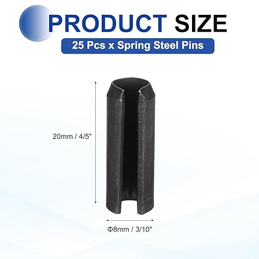 MECCANIXITY 25Pcs Slotted Split Roll Pins 3/10 Inch(8mm) Dia. 4/5 Inch(20mm) Length 65Mn Steel Spring Tension Expansion Dowels for Secure Fastening, Black