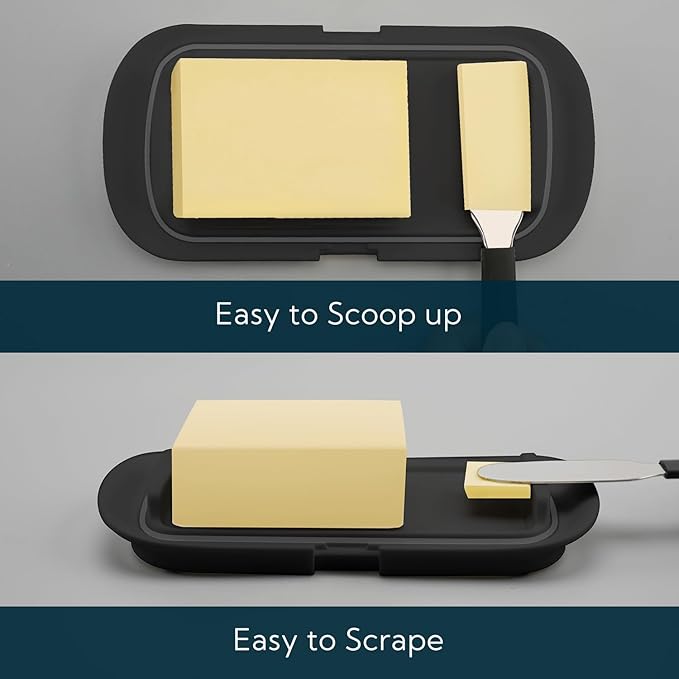 KITCHENDAO Large One-handed Butter Dish with Lid for Countertop, Airtight Butter Holder with One Press to Open/Close Secure Latching Buckle for East Coast/West Coast/European/Kerrygold Butter(Black)