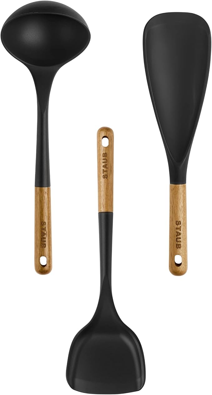 Staub Silicone with Wood Handle Cooking Utensil Set, Matte Black, 3-pc by Zwilling