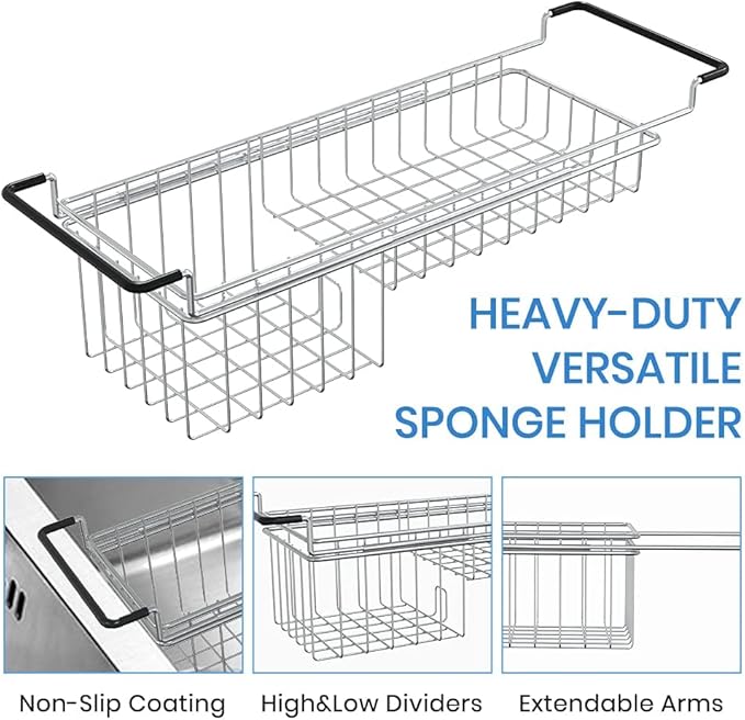 TreeLen Over The Kitchen Sink Caddy Sponge Holder Organizer Drying Rack Expandable for Sponge Brush Soap 13.8" to 20.8", Stainless Steel - Image 2