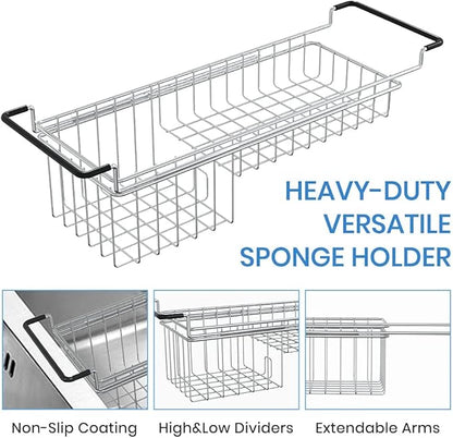 TreeLen Over The Kitchen Sink Caddy Sponge Holder Organizer Drying Rack Expandable for Sponge Brush Soap 13.8" to 20.8", Stainless Steel - Image 2