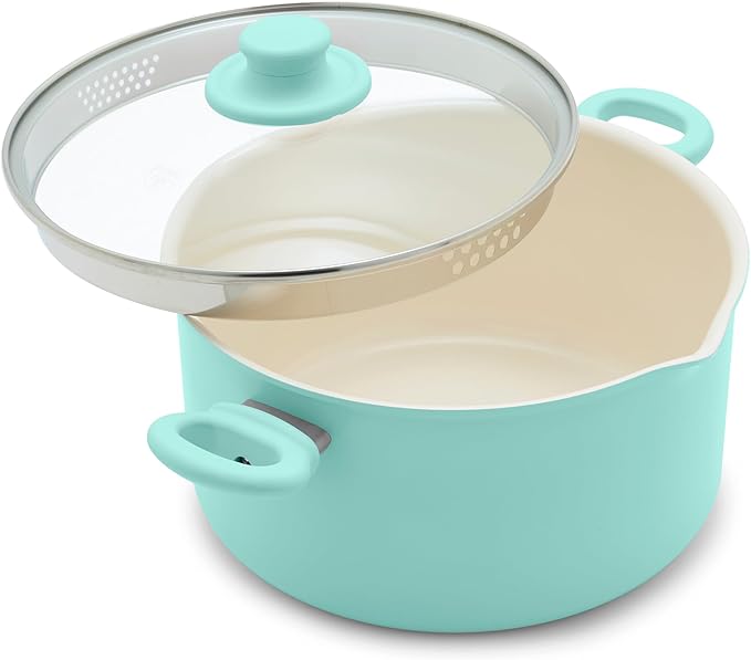 GreenLife 6QT Nonstick Stockpot with Straining Lid, Soft Grip, PFAS-Free Ceramic, Pour Spout, Multipurpose Cooking Pot, Sauces & Soups, Milk Pan, Stay-Cool Handles, Dishwasher & Oven Safe, Turquoise by GreenLife