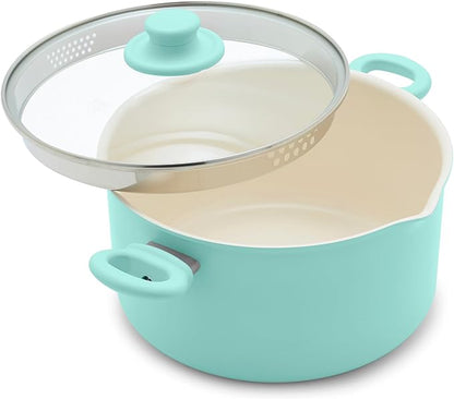 GreenLife 6QT Nonstick Stockpot with Straining Lid, Soft Grip, PFAS-Free Ceramic, Pour Spout, Multipurpose Cooking Pot, Sauces & Soups, Milk Pan, Stay-Cool Handles, Dishwasher & Oven Safe, Turquoise by GreenLife