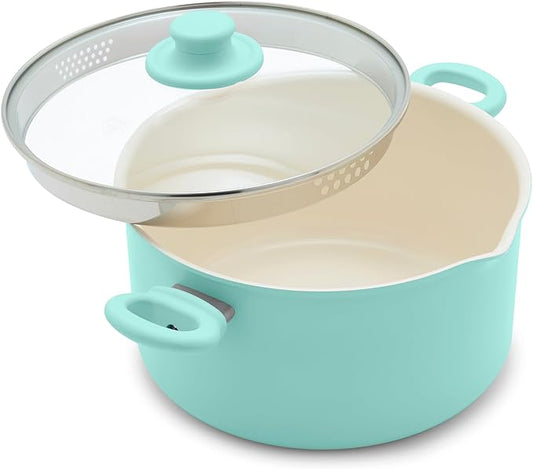 GreenLife 6QT Nonstick Stockpot with Straining Lid, Soft Grip, PFAS-Free Ceramic, Pour Spout, Multipurpose Cooking Pot, Sauces & Soups, Milk Pan, Stay-Cool Handles, Dishwasher & Oven Safe, Turquoise by GreenLife