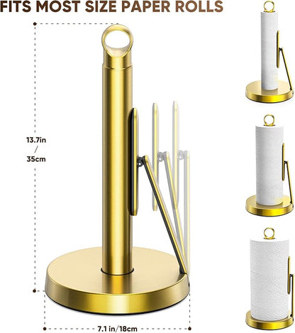 theaoo Heavy-Duty Stainless Steel Paper Towel Holder with Tension Arm – Easy One-Handed Tear, Modern Standing Countertop Dispenser for Kitchen, Holds All Paper Towel Rolls (1, Gold) - Image 3
