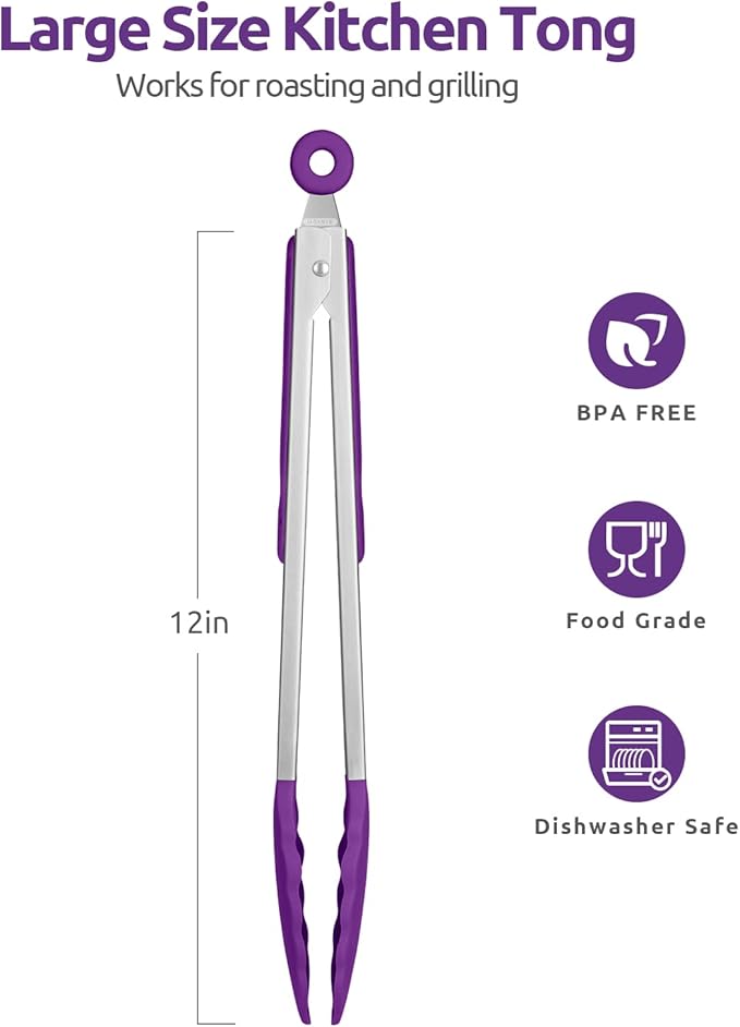 600ºF Heat Resistant Kitchen Tongs: U-Taste 12 inch Large Silicone Cooking Tong with Sturdy Non Stick Rubber Tips & Silicon Coated 18/8 Stainless Steel Handle & Smooth Locking for Serving Grill-Purple - Image 2