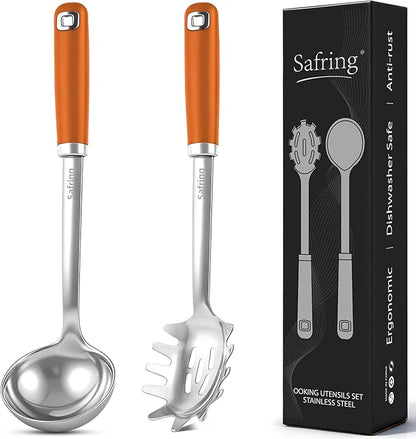 Safring Stainless Steel Soup Ladle and Spaghetti Spoon Set, Heat Resistant Rubber Handle, Dishwasher Safe, Kitchen Utensils for Cooking, Stirring, Serving Pasta, Soup & Sauce (Orange) by Safring