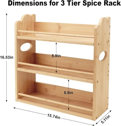 3 Tier Bamboo Spice Rack, Spice Rack Organizer, Seasoning Jars Rack Shelf Spice Organizer for Kitchen Counter or Wall Mounting, Spice Storage Holder with handles, Jars Not Included,Natural - Image 2