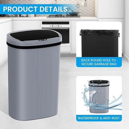13 Gallon Trash Can | 50L Sensor Automatic Kitchen Trash Can with Lid | Touchless Garbage Bin Odor-Control for Kitchen, Office, Bedroom, Living Room (1 Pack, Gray) - Image 6