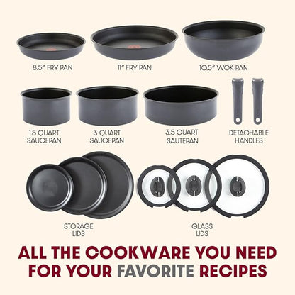 T-fal Ingenio Expertise Non Stick Cookware Set 14 Piece, Induction, Oven Broiler Safe 500F, Detachable/Removable Handle, Kitchen, Cookware, Pots and Pans, RV, Camping, Fry Pans, Dishwasher Safe, Gray