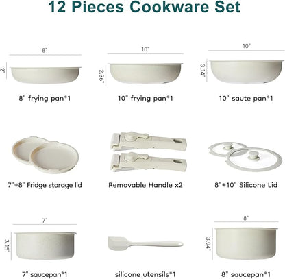 NEWBULIG 12-Piece Nonstick Cookware Set, Detachable Handle Pots and Pans, Induction Compatible Cookware, Dishwasher & Oven Safe, Space-Saving Kitchen Set, Cream White