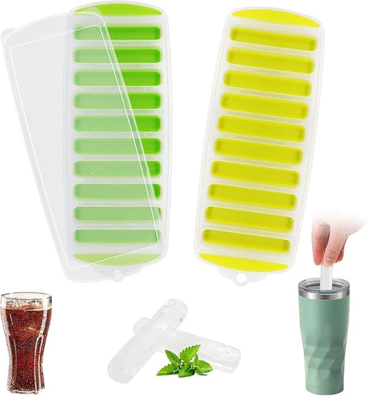 Long Ice Stick Tray Silicone with Lid,Water Bottle Ice Cube Tray with Easy Push and Pop Out Material, Ideal for Sports and Water Bottles (Green + Yellow)