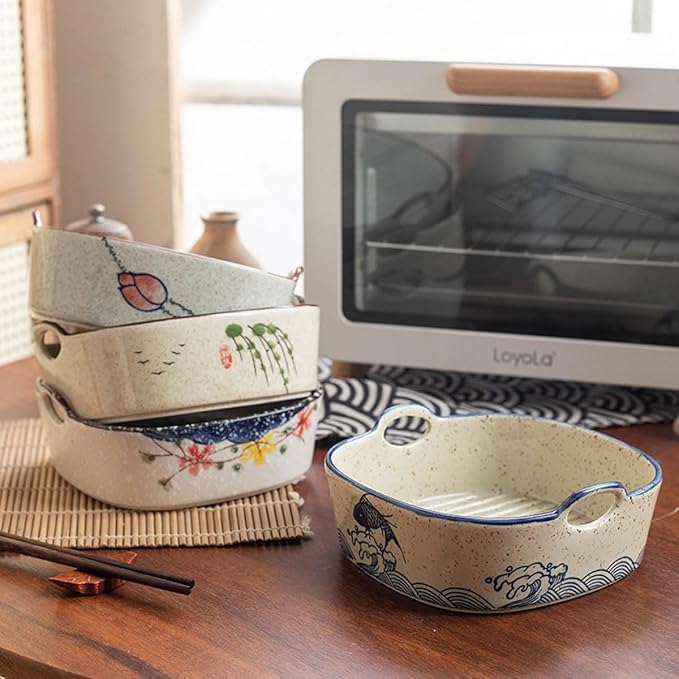 Vintage Small Casserole Dish 6.7-inch Ceramic Square Baking Pan Lasagna Pan Bakeware With Handles for Oven Microwave Air Fryer (Square A)