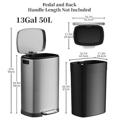 KdbK 13 Gallon Trash Can with Lid, 50L Fingerprint Proof Stainless Steel Kitchen Trash Can with Removable Inner Bucket and Lid Soft Close, Pedal Rubbish Bin for Home Office（Silver）