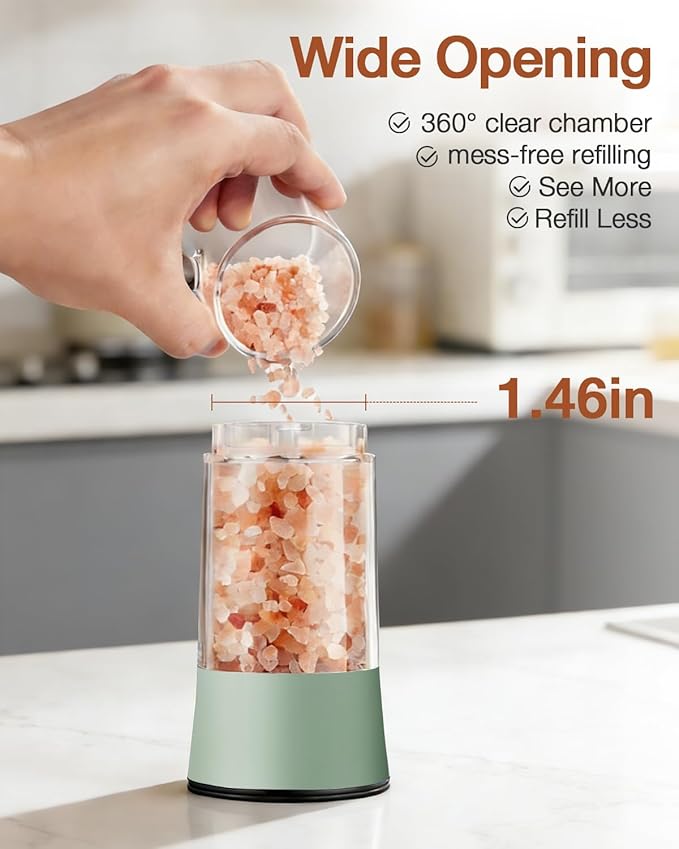 Electric Salt and Pepper Grinder Set–USB-C Rechargeable Charging Base Pepper Mill, Dual LED Light, Adjustable Coarseness,One-Handed Operation, Stainless Steel Sage Green Finish,2pack
