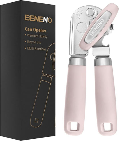 Beneno Heavy Duty Hand Can Opener Manual with Magnet, Durable Sharp Carbon Steel Blade Smooth Cutting, Big Effort-Saving Knob & Soft Grip Handle, Multifunctional Bottle Opener, Light Pink by Beneno