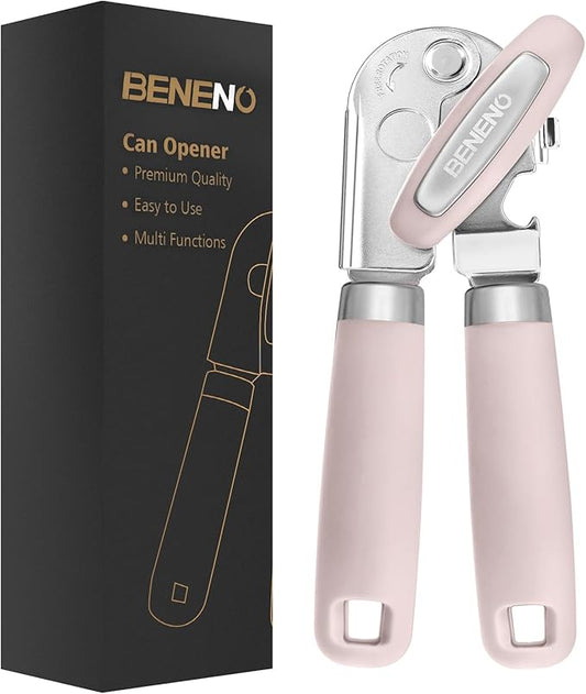 Beneno Heavy Duty Hand Can Opener Manual with Magnet, Durable Sharp Carbon Steel Blade Smooth Cutting, Big Effort-Saving Knob & Soft Grip Handle, Multifunctional Bottle Opener, Light Pink by Beneno