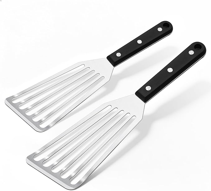 Joyfair Fish Spatula Metal Spatulas (Large & Small), 2 Pcs Stainless Steel Cooking Utensils Barbecue Turner for Flipping Turning, Kitchen Slotted Turners & Outdoor Griddle Accessories (ABS Handle) by Joyfair