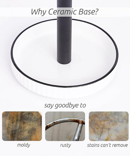 VROOMIUM Black Paper Towel Holder Countertop, Ceramic Base Easy-to-Clean, 1.5 lbs, 7" B x 12.5" H, Stable Elegant and Durable Kitchen Roll Stand