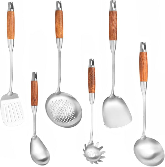 Stainless Steel Kitchen Utensils Set with Wooden Handle, 6 PCS Professional Cooking Utensils Set 15", Wok Spatula, Ladle, Skimmer, Slotted Spatula Turner, Spaghetti Spoon, Large Spoon by NIITAWH