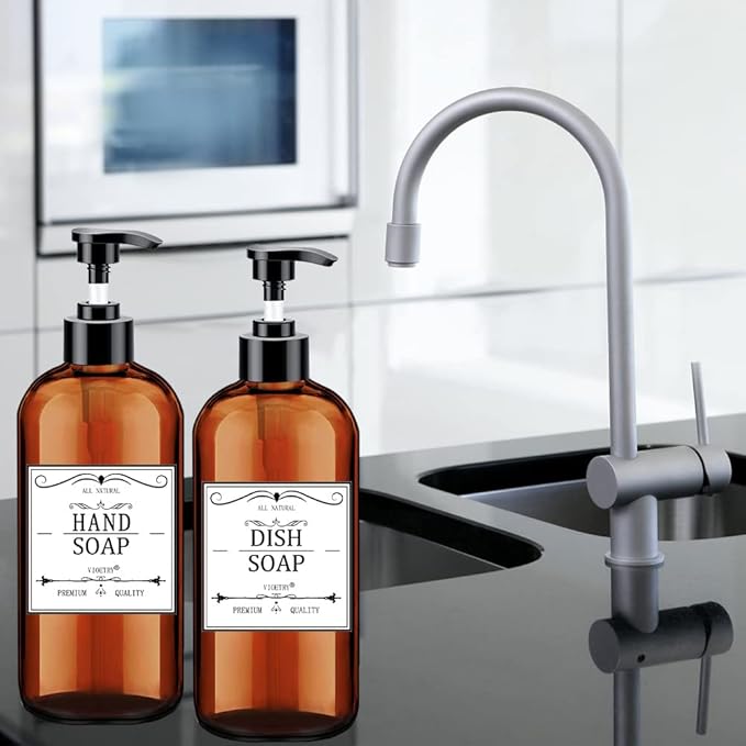 Soap Dispenser with Rust Proof Pump, Waterproof Labels (2 Pack,16 Oz) Bathroom, Plastic Hand Dish Soap Dispenser for Kitchen, Premium Thick Soap Pump Bottles (Amber) - Image 6