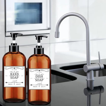 Soap Dispenser with Rust Proof Pump, Waterproof Labels (2 Pack,16 Oz) Bathroom, Plastic Hand Dish Soap Dispenser for Kitchen, Premium Thick Soap Pump Bottles (Amber) - Image 6
