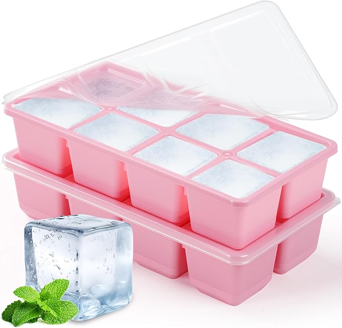 Large Ice Cube Trays with Lid, Jrisbo 2 Pack Stackable Silicone Ice Cube Molds for Freezer, Easy Release 16 Big Square Ice Trays for Whisky Cocktails (Pure Pink) by Jrisbo