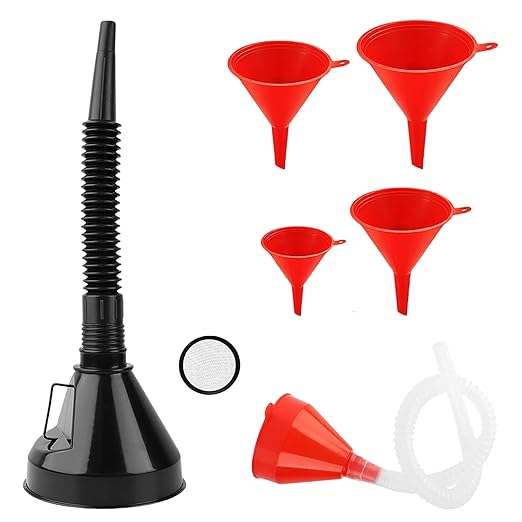6 Pcs Automotive Funnels Set, Plastic Fuel Funnels with Hose, Wide Mouth Flexible Oil Funnels for Automotive Use Filling Water/Gasoline/Coolant/Engine Oil