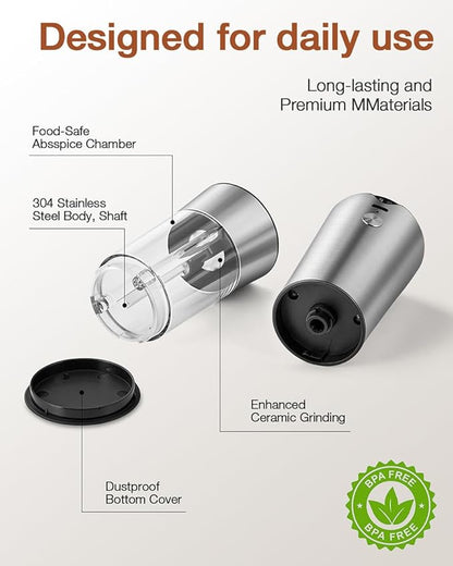 Gravity Electric Salt and Pepper Grinder Set, Automatic Mills with Rechargeable Charging Base, Built-in LED Light & Stainless Steel Body